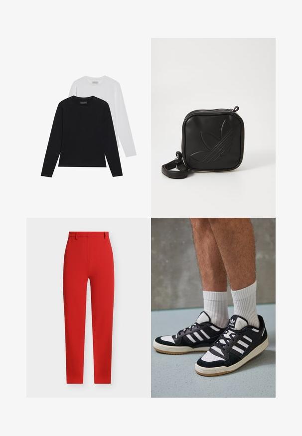 Zwei Langarmshirts: eines schwarz und eines weiß. Beide haben einen runden Ausschnitt und eine glatte, gerippte Textur. Markenlabel im Ausschnitt sichtbar.; Rote maßgeschneiderte Hose mit glatter Textur, geradem Schnitt, Gürtelschlaufen und Fronttaschen. Verfügt über ein sauberes, minimalistisches Design.; Schwarz-weiße Sneaker mit einem Obermaterial aus Wildleder und Leder, ausgestattet mit drei weißen Streifen, einer perforierten Zehenpartie und einer Sohle aus Gummi.; Schwarze Umhängetasche aus strukturiertem synthetischem Material. Verfügt über ein eingeprägtes Logodesign und einen verstellbaren Riemen. Mit Reißverschluss geschlossen.