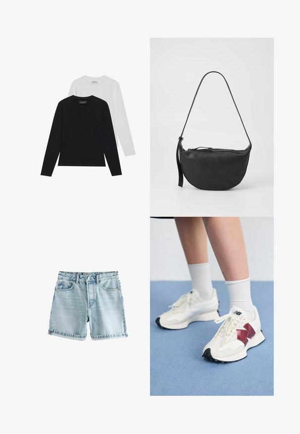 Dva dukserice s dugim rukavima: jedna crna i jedna bijela. Obje imaju okrugli izrez i glatku, rebrastu teksturu. Brend oznaka vidljiva unutar izreza.; Svijetloplave traper kratke hlače s sirovim rubom, pet džepova i kopčanjem na dugme. Tkanina ima blago istrošen izgled.; Par bijelih tenisica s maroon akcentima, teksturiranim panelima, ravnim crnim potplatom i svijetlim vezicama, nošene s bijelim čarapama do gležnjeva.; Crna kožna torba za rame s zakrivljenim oblikom, jednim remenom, zatvaranjem na patentni zatvarač i suptilnim detaljima šivanja duž tijela.