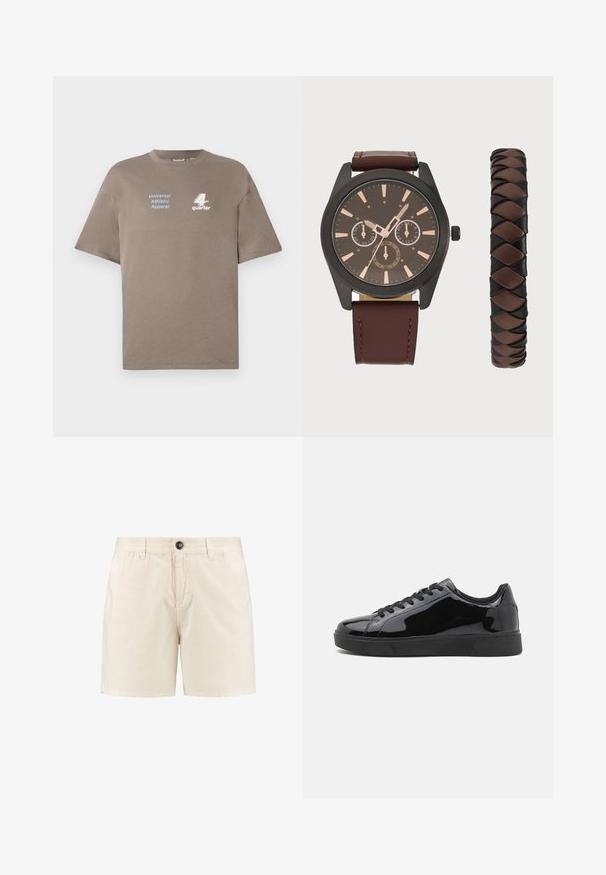 Camiseta de algodón marrón con cuello redondo. Presenta el texto azul "Universal Athletic Apparel" y el logo blanco "4th quarter" en la parte delantera. Mangas cortas.; Pantalones cortos de algodón beige con cierre de botón, cintura elástica y bolsillos laterales. Diseño sencillo con corte recto y sin patrones visibles.; Zapatillas de charol negro con punta redonda, suela de goma plana y cordones negros. Textura suave y brillante en la superficie superior.; Pier One SET - Reloj - black/brown