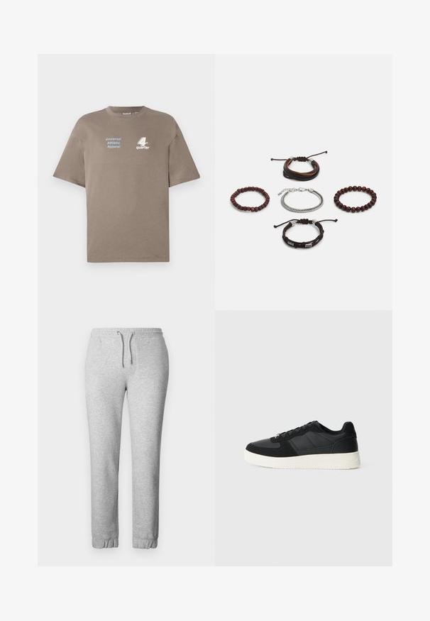 Brown cotton t-shirt with a round neckline. Features blue text "Universal Athletic Apparel" and white "4th quarter" logo on the front. Short sleeves.; Gray sweatpants made of soft fabric, featuring an elastic waistband with a drawstring, elastic cuffs, and a smooth texture.; Black low-top sneaker with textured leather and suede panels, white rubber sole, and black laces on a plain light background.; Set of five bracelets featuring brown leather, wooden beads, and a silver chain; varying textures and shapes, with adjustable closures.