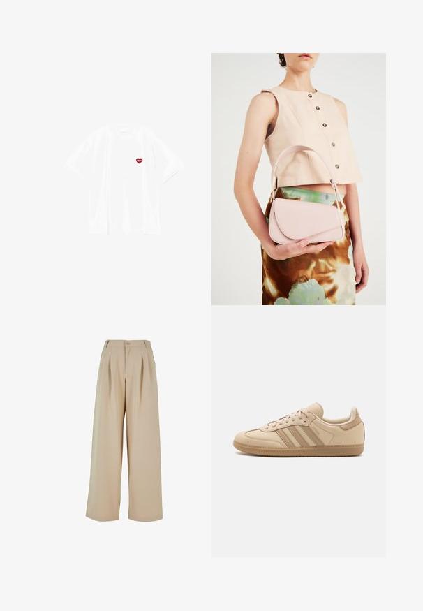 Bílá bavlněná trička s krátkým rukávem, s malým červeným srdcem na levé části hrudi. Klasický styl s kulatým výstřihem.; Béžové široké kalhoty s plisovaným předním dílem, zapínáním na knoflík a hladkým povrchem. Mají upravený pas a boční kapsy.; Béžové kožené tenisky se třemi vodorovnými pruhy, kulatou špičkou, plochou hnědou gumovou podrážkou a měkkou textilní podšívkou na límci a jazyku.; Růžová kožená kabelka s zakřiveným klopou, jedním ramenním popruhem a čistými liniemi. Taška má hladkou texturu a minimalistický design.