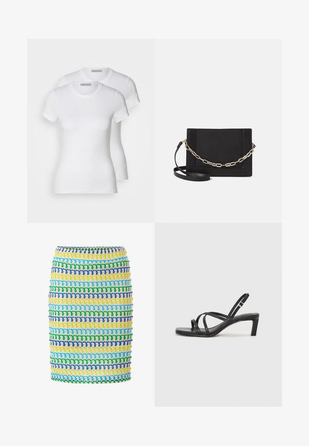 Dvě bílé bavlněné trička s krátkým rukávem, kulatým výstřihem a přiléhavým střihem, s hladkou texturou a minimalistickým designem.; Tkaná sukně s vodorovnými pruhy žluté, zelené, modré a bílé barvy. Texturovaná, elastická látka s přiléhavým střihem.; Černé sandály na tenkém podpatku se čtveratou špičkou a nízkým blokovým podpatkem. Mají několik tenkých popruhů a nastavitelné zapínání okolo kotníku. Vyrobeny z hladké kůže.; Černá kožená crossbody taška s hladkým povrchem, obdélníkovým tvarem a kovovým řetízkem na přední straně. Součástí je nastavitelný popruh.