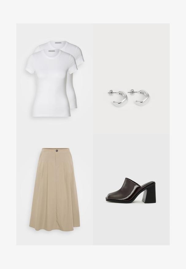 Du du baltos medvilnės trumpomis rankovėmis marškiniai, su apvaliu iškirpimu ir prigludusia siluetu, turintys lygią tekstūrą ir minimalistinį dizainą.; Šviesiai ruda plisėta sijonas, pagamintas iš minkštos medžiagos, su prigludusia juosmens dalimi ir mygtuko uždarymu, bei plazdančia A formos siluetu.; Tamsiai burgundi spalvos odinės mules bateliai su kvadratine nosyte, blizgiu paviršiumi ir masyviu, tekstūruotu juodu aukštu kulnu. Paprastas dizainas, lengvai užsidėtiniai.; Sidabrinės auskarų kilpos su lygiu, blizgiu paviršiumi. Apvalios formos su šiek tiek išlenktu dizainu ir sumaišytomis briaunomis. Smeigtuko užsegimas.