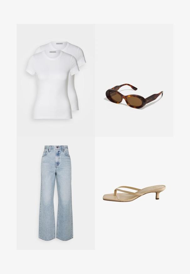 Due t-shirt bianche in cotone con maniche corte, scollatura rotonda e silhouette aderente, presentano una texture liscia e un design minimalista.; Jeans a gamba larga in denim azzurro chiaro con vita alta, design classico a cinque tasche e cuciture a contrasto. Dettaglio con orlo grezzo sul fondo.; Sandali beige con tacco a blocco e punta quadrata. Realizzati in materiale liscio, presentano cinturini sottili e un tacco basso.; Occhiali da sole tartaruga con lenti ovali, tonalità marrone e accenti dorati sulle aste. Montatura spessa con una finitura lucida e una texture liscia.