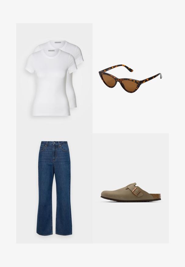 Due t-shirt bianche in cotone con maniche corte, scollatura rotonda e silhouette aderente, presentano una texture liscia e un design minimalista.; Jeans in denim blu con vita alta, gambe larghe e cuciture arancioni. Presentano un classico design a cinque tasche e chiusura con bottone in metallo.; Zoccoli marroni con una finitura liscia opaca. Presentano una borsa in bronzo prominente sul lato. Sottopiede in sughero e suola in gomma per il comfort.; Occhiali da sole cat-eye con una montatura tartarugata nera e arancione, lenti marroni e punte affusolate e eleganti. Presentano un logo minimale sulla asta.; Foulard di seta caratterizzato da un vivace motivo floreale e geometrico nelle tonalità di arancio, blu, marrone e crema. Estremità triangolari con una texture liscia.