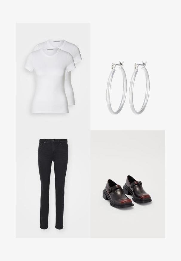 Divi balti kokvilnas t-krekli ar īsām piedurknēm, apaļām kakla izgriezumiem un pieguļošu siluetu, ar gludu tekstūru un minimālistisku dizainu.; Melnas denima bikses ar šauru piegriezumu, ar piecām kabatām, ar rāvējslēdzēju un sudraba detaļām. Gluda virsma ar minimālu izbalēšanu.; Ādas blokveida papēžu kurpes ar spīguļojošu tumši sarkanu apdari, aprīkotas ar sprādzi un noapaļotu purngali. Teksturēts zole labākai saķerei.; Sudraba riņķveida auss gredzeni ar gludu, pulētu apdari. Apaļa forma un drošs klikšķa augšējais slēgums. Viegls dizains, kas piemērots ikdienas valkāšanai.