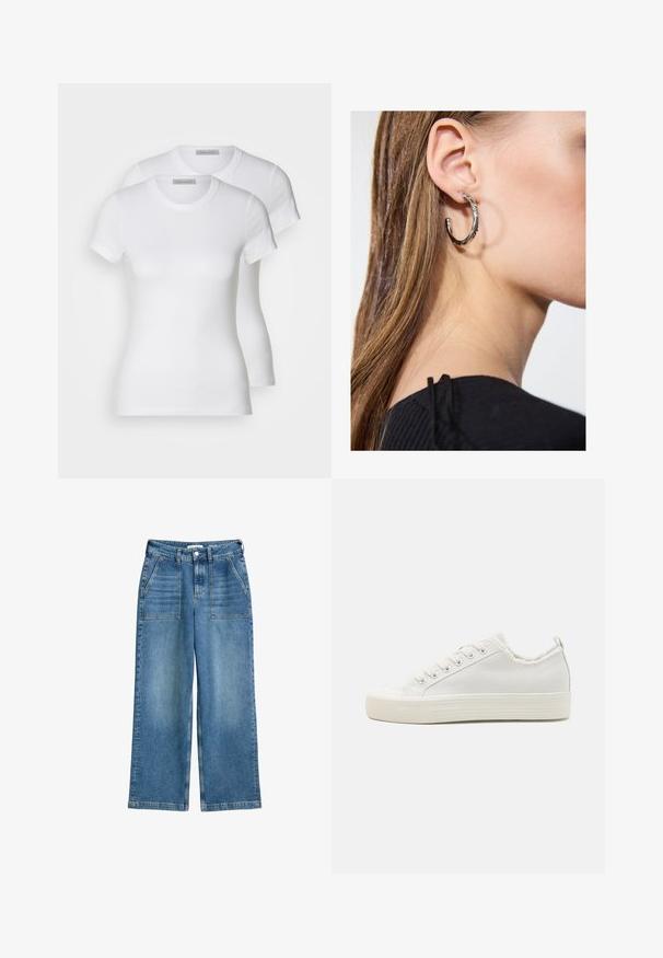 Dwie białe bawełniane koszulki z krótkim rękawem, okrągłym dekoltem i dopasowanym krojem, o gładkiej strukturze i minimalistycznym wzornictwie.; Jeans z wysokim stanem i szerokimi nogawkami, wykonane z niebieskiego denimu, z kieszeniami naszytymi z przodu, szlufkami na pasek oraz zapięciem na guzik i zamek błyskawiczny z przodu.; Białe sneakersy z płótna o teksturowanym wykończeniu, okrągłym nosku, płaskiej podeszwie i sznurowanym przodzie. Posiadają lekko postrzępiony kołnierz oraz pętelkę do zakupu.; Srebrny kolczyk w kształcie koła z polerowanym wykończeniem, z małymi złotymi akcentami, noszony na płatku ucha.