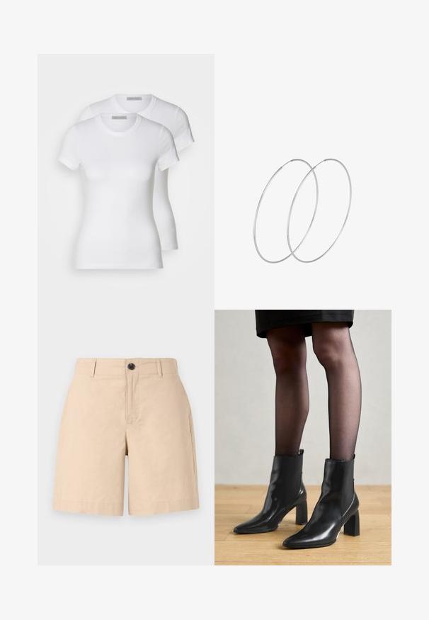 Dvije bijele pamučne majice kratkih rukava, s okruglim izrezima i uskim krojem, s glatkom teksturom i minimalističkim dizajnom.; Bež pamuk šortsevi opuštenog kroja, sa prednjim zatvaranjem na dugme, dva bočna džepa i ušivenim rubovima. Glatka textura.; Crne kožne gležnjače s šiljastim vrhom, robusnim četvrtastim potplatom i elegantnim dizajnom. Imaju elastične bočne panele za jednostavno oblačenje.; Srebrne okrugle naušnice s minimalističkim dizajnom. Kružni oblik, glatka tekstura i tanak profil. Lagane s poliranim završetkom.