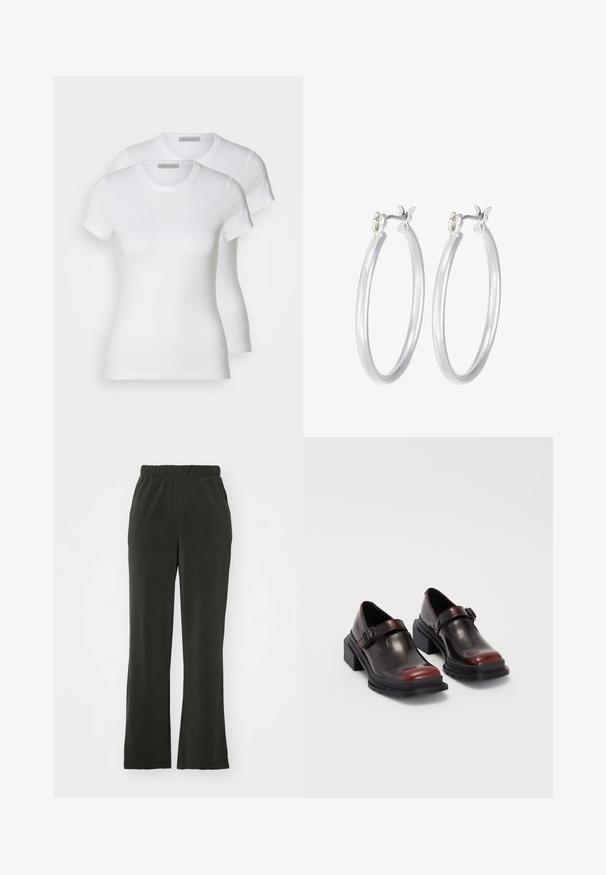 Two white cotton t-shirts with short sleeves, round necklines, and a fitted silhouette, displaying a smooth texture and minimalistic design.; Black, soft fabric pants with an elastic waistband, featuring a relaxed fit and straight legs. No visible patterns or accents.; Leather block-heeled shoes with a shiny dark burgundy finish, featuring a buckle strap and rounded toe design. Textured outsole for grip.; Silver hoop earrings with a smooth, polished finish. Round shape and secure click-top closure. Lightweight design suitable for everyday wear.