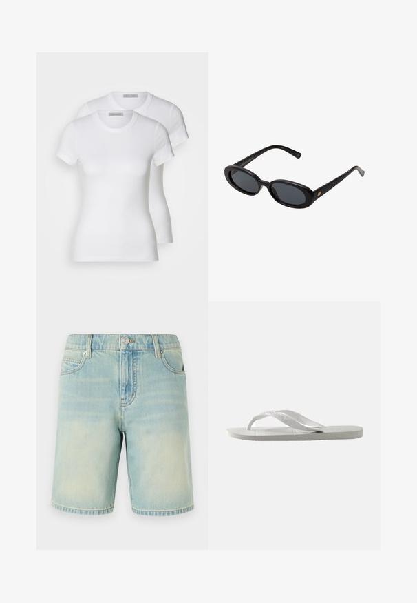 To hvite bomulls t-skjorter med korte ermer, rund hals og en tettsittende silhuett, som viser en jevn tekstur og minimalistisk design.; Lyseblå denimshorts med en falmet finish, med fem lommer, synlig søm og metallknaplukking i livet.; Hvit flip-flop med en strukturert såle og to tynne stropper. Stroppene er glatte med subtil merking. Ingen mønstre eller ekstra detaljer.; Svart overdimensjonerte solbriller med ovale linser, glatt plastramme og gullakenter på bøylene. Mørke linser gir solbeskyttelse.