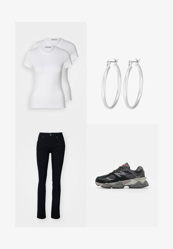 Dve bele bombažne majice s kratkimi rokavi, okroglimi izrezi in prilegajočo silhueto, ki prikazujejo gladko teksturo in minimalističen dizajn.; Črne denim hlače s slim fit krojem, petimi žepi, zadrgo in gumbom. Gladka tekstura in rahla raztegljivost za udobje.; Črne in sivo športne copate z mešanico semiša in mrežastih materialov, debele podplate, izrazit logotip in rdeč poudarek na ježku.; Srebrni obroči za ušesa z gladko, polirano površino. Okrogla oblika in varna zaponka s klikom. Lahka zasnova, primerna za vsakodnevno nošenje.