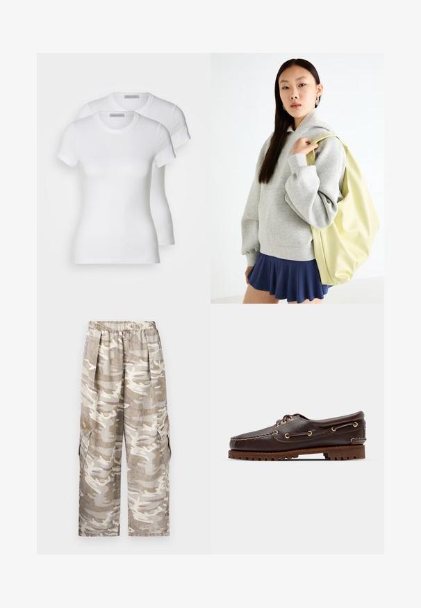 Dvoje bielych bavlnených tričiek s krátkym rukávom, okrúhlym výstrihom a priliehavým strihom, s hladkou textúrou a minimalistickým dizajnom.; Maskárové cargo nohavice v béžovej a bielej farbe. Obsahujú elastický pás, široké nohy, dve bočné cargo vrecká a textúrovanú látku.; Hnedé kožené loďkové topánky so zlatými očkami, okrúhlymi šnúrkami a štruktúrovanou hnedou gumovou podrážkou. Obsahuje prešívané detaily a vyvýšené logo.; Sivá oversized mikina s klokanským vreckom, skombinovaná s námorníckou rozšírenou sukňou. Doplnok: veľký svetložltý batoh s hladkým povrchom.