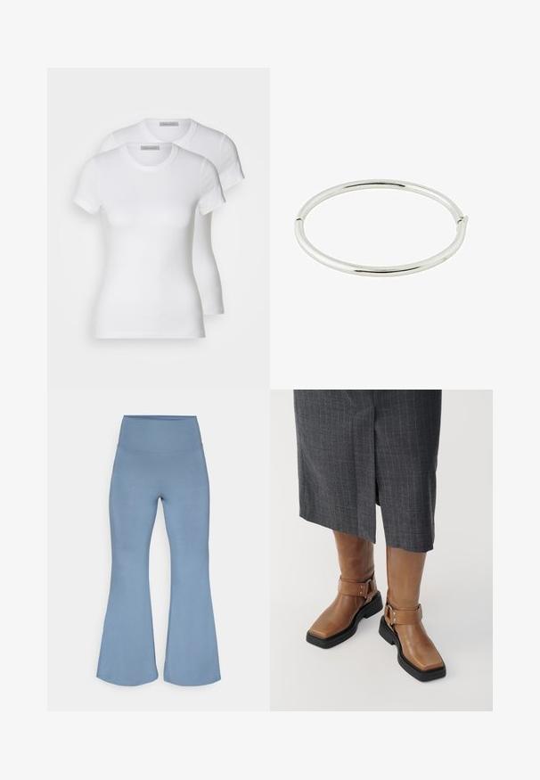 Du du baltos medvilnės trumpomis rankovėmis marškiniai, su apvaliu iškirpimu ir prigludusia siluetu, turintys lygią tekstūrą ir minimalistinį dizainą.; Šviesiai mėlynos flare tipo jogos kelnės, pagamintos iš tamprios medžiagos. Aukštas liemuo ir švelni tekstūra, siaurėjančios link platesnių hemų ties kulkšnims.; Rudi odai odžemkrautės su kvadratiniais pirštais, juodu gumuotu padu ir reguliuojamu sagties akcentu. Dėvimi su pilka smailiu juostelių sijonu.; Sidabrinė metalinė apyrankė, plona, įgula forma, lygi tekstūra, turi subtilų atidarymo mechanizmą, kad būtų lengviau užsidėti.