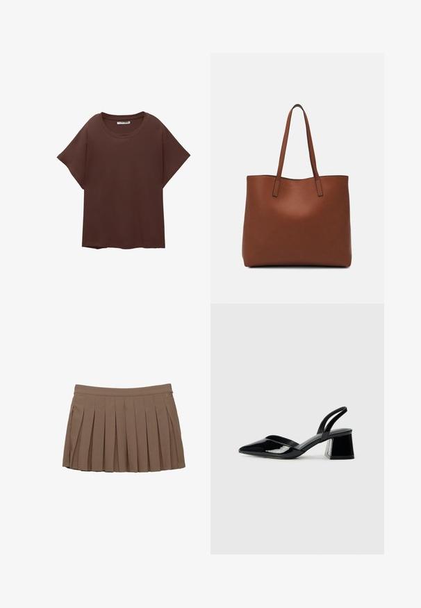 Brun oversized t-shirt i bomull, med rund hals, korta ärmar och avslappnad passform. Slät textur utan synliga mönster.; Brun plisserad minikjol med midjeband och subtil logotypdetalj på en vit bakgrund.; Svarta lackläder slingback klackar med spetsig tå och geometrisk klack. Har en elegant, minimalistisk design och slät yta.; Brun läder tote-väska med en slät textur, öppen toppdesign och två axelremmar. Har minimal söm och ingen synlig metalldetalj.