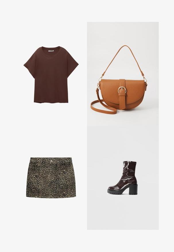 Maglietta oversized marrone in cotone, con colletto rotondo, maniche corte e vestibilità comoda. Texture liscia senza motivi visibili.; Gonna mini in denim con stampa leopardata, con vita aderente, chiusura davanti a bottoni e due tasche laterali, caratterizzata da una combinazione di colori beige e nero.; Stivale alla caviglia bordeaux lucido con un tacco spesso nero, caratterizzato da una superficie liscia e un design semplice. Nessuna chiusura visibile o motivo.; Borsa a tracolla in pelle marrone con forma curvata, hardware dorato e un dettaglio con fibbia. Presenta una tracolla rimovibile.