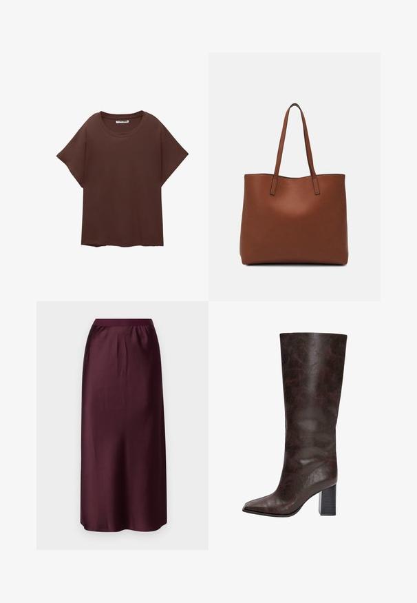 Tricou oversized maro din bumbac, cu guler rotund, mâneci scurte și croială lejeră. Textură netedă, fără modele vizibile.; Gina Tricot ELASTIC MIDI SKIRT - Fustă maxi - wine; Cizme negre din piele sintetică, până la genunchi, cu vârf ascuțit, suprafață texturată și toc gros. Finisaj neted, detalii minime.; Geantă de umăr din piele maro cu o textură netedă, design cu vârf deschis și două curele pentru umăr. Prezintă cusături minime și fără componente metalice vizibile.