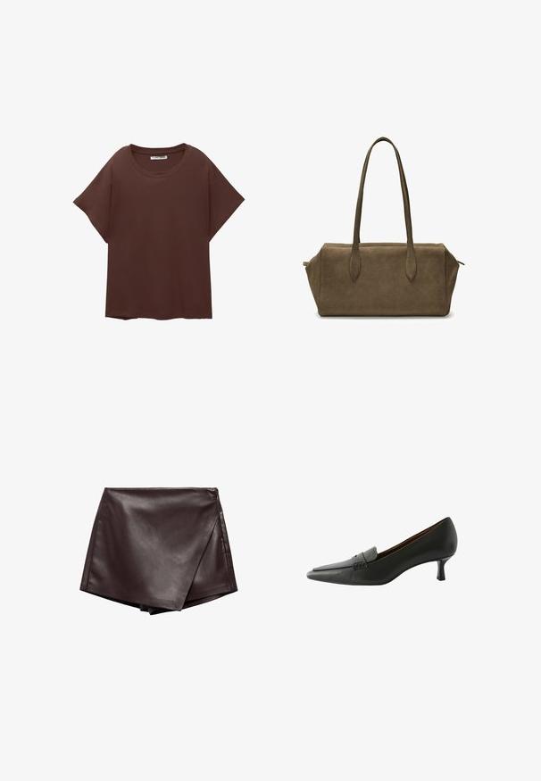 Brązowa, oversize'owa koszulka z bawełny, z okrągłym dekoltem, krótkimi rękawami i luźnym krojem. Gładka tekstura bez widocznych wzorów.; Brąskowa, sztuczna skórzana spódnica o gładkiej fakturze i ukośnym kroju, z czystymi brzegami i bocznym zapięciem na zamek.; Czarne skórzane buty na obcasie z wąskim noskiem i dekoracyjnym paskiem. Posiadają niski obcas szpilkowy i gładką fakturę.; Brązowa torebka z zamszu z dwoma długimi uchwytami, prostokątnym kształtem i subtelną fakturą. Posiada zamek błyskawiczny i kątowe szwy boczne.