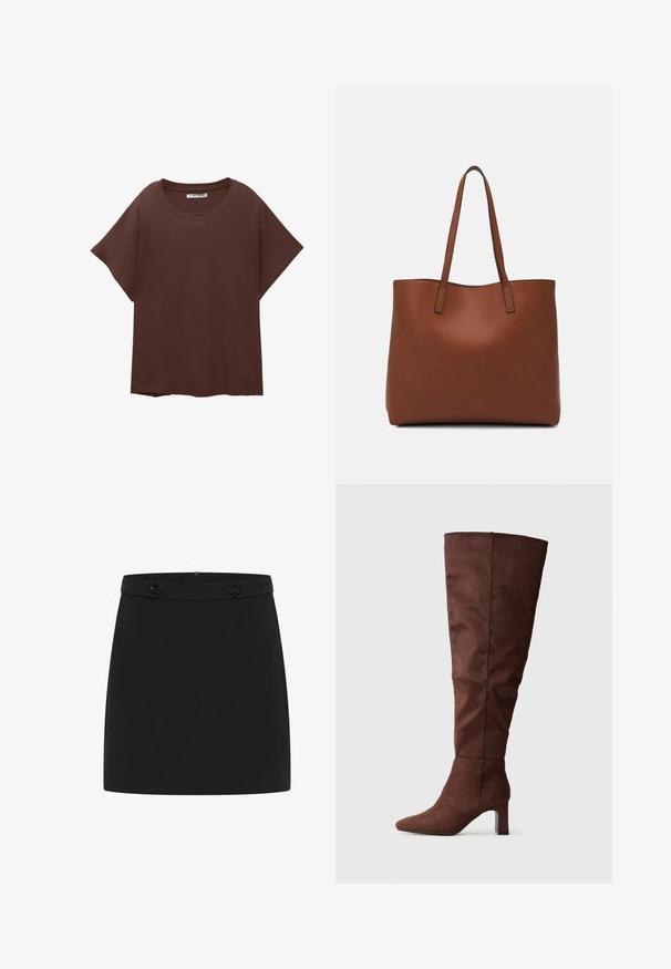 T-shirt oversize marron en coton, avec un col rond, des manches courtes et une coupe décontractée. Texture lisse sans motifs visibles.; Jupe mini noire en tissu lisse présentant un design simple, une taille plate et deux accents de boutons décoratifs à l'avant.; Botte marron jusqu'au genou en matériau doux semblable au daim. Caractérisée par un bout pointu et un talon empilé pour la stabilité. Fini lisse et mat.; Sac fourre-tout en cuir marron avec une texture lisse, design à ouverture supérieure et deux poignées pour le porter à l'épaule. Présente des coutures minimales et aucun matériel visible.