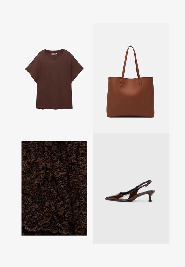 Ruskea ylipitkä t-paita, joka on valmistettu puuvillasta ja jossa on pyöreä kaula-aukko, lyhyet hihat ja rento fit. Silkkinen pinta ilman näkyviä kuvioita.; Rakeita ruskea kangas, jossa on ryppyinen kuvio, pehmeä ja pörröinen pinta sekä vaihteleva syvyys, sopiva vaatteisiin tai kodintekstiileihin.; Ruske patentin nahkalijatke sa špicastim nosom i umjerenom petom. Sadrže remen s kopčom za sigurno pristajanje. Glatka tekstura.; Ruskea nahkainen olkalaukku, jossa on sileä pinta, avoin yläosa ja kaksi olkahihnaa. Omaavat vain minimaalisen ompelun eikä näkyvää metalliosaa.