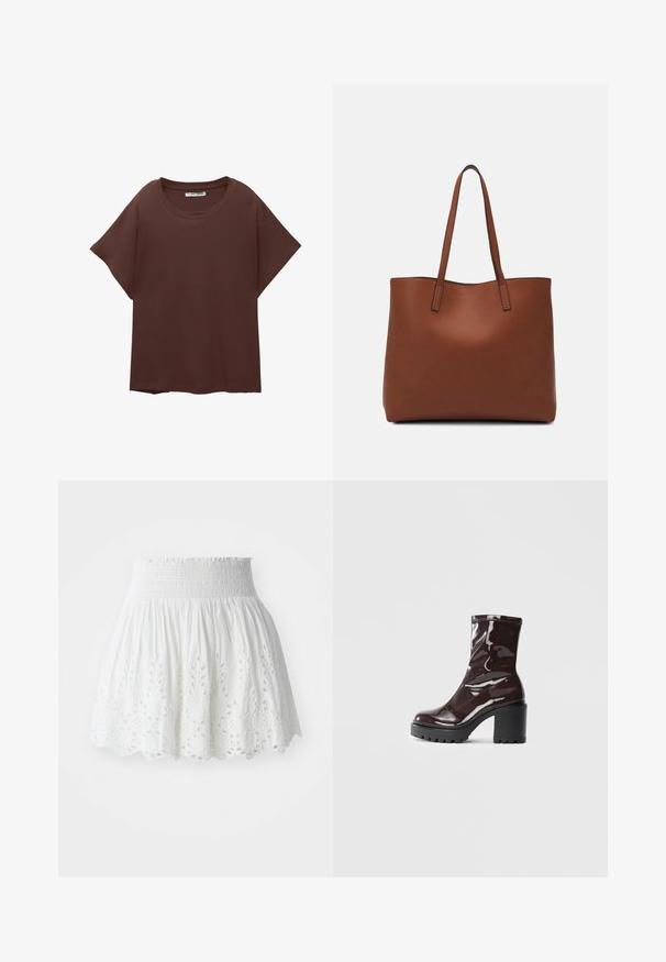 Hnědý oversized tričko vyrobené z bavlny, s kulatým výstřihem, krátkým rukávem a uvolněným střihem. Hladký povrch bez viditelných vzorů.; Bílá bavlněná sukně se šněrováním v pase, zdobená vyšívanými květinovými výřezy kolem spodního okraje a rozšířeným siluetou.; Lesklá bordó kotníková bota s masivním černým podpatkem, se hladkým povrchem a jednoduchým designem. Žádné viditelné zapínání ani vzory.; Hnědá kožená taška přes rameno s hladkou texturou, otevřeným designem a dvěma ramenními popruhy. Obsahuje minimální švy a žádné viditelné kovové prvky.