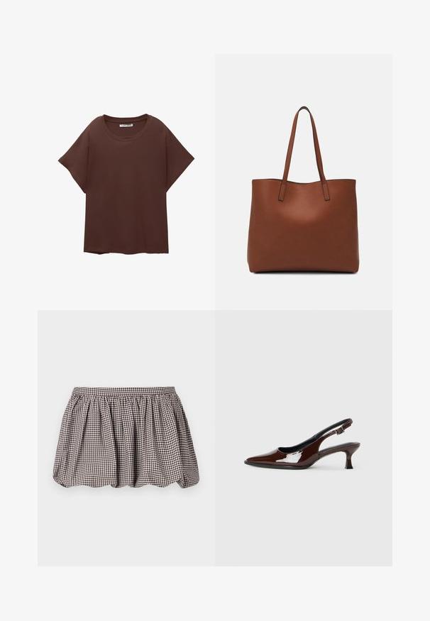 Rjava oversize majica iz bombaža, z okroglim ovratnikom, kratkimi rokavi in sproščenim krojem. Gladka tekstura brez vidnih vzorcev.; Rjava in bela karo A-linijska krila s nabranim pasom, izdelana iz lahkotnega blaga, z nežno teksturirano površino.; Rjavi lakirani slingback čevelj z ostro konico in zmerno peto. Ima zaponko za varno prileganje. Gladka tekstura.; Rjava usnjena torba z gladko teksturo, odprto zasnovo zgoraj in dvema naramnima trakovoma. Opremljena je z minimalnim šivanjem in brez vidnih kovinskih delov.