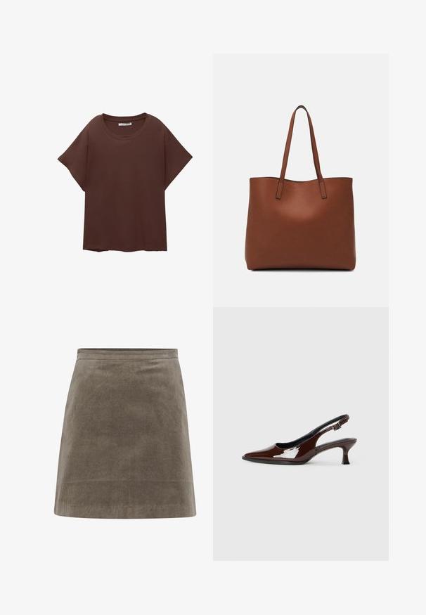 T-shirt oversize marron en coton, avec un col rond, des manches courtes et une coupe décontractée. Texture lisse sans motifs visibles.; Jupe mini en velours côtelé kaki avec une forme droite, une texture lisse et une taille simple, présentant des lignes côtelées verticales sur toute sa surface.; Chaussure slingback en cuir verni marron avec un bout pointu et un talon modéré. Elle est dotée d'une sangle à boucle pour un ajustement sécuritaire. Texture lisse.; Sac fourre-tout en cuir marron avec une texture lisse, design à ouverture supérieure et deux poignées pour le porter à l'épaule. Présente des coutures minimales et aucun matériel visible.