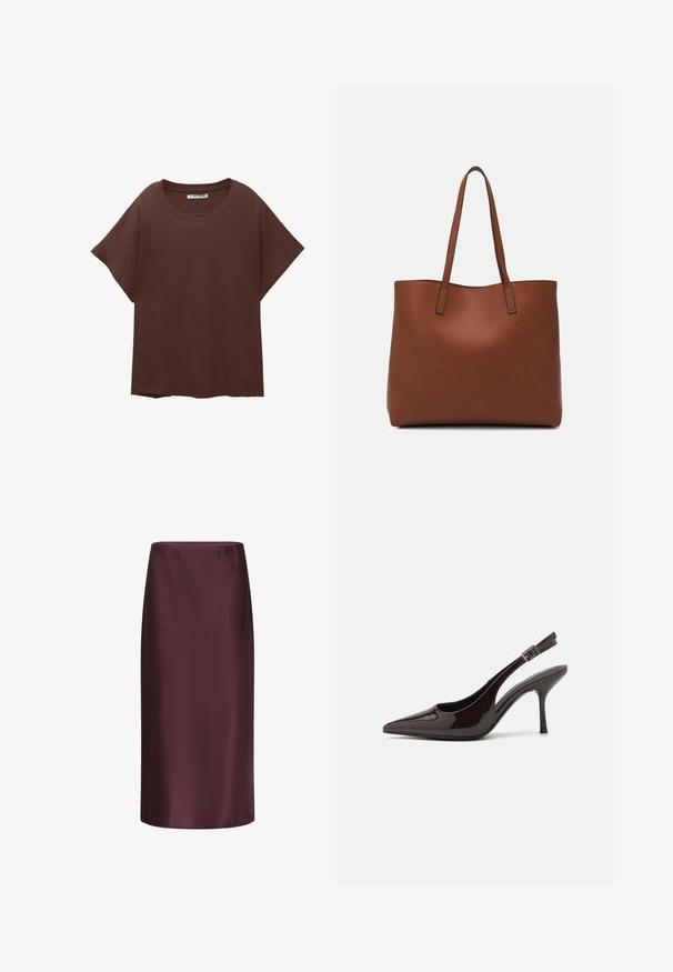 Brązowa, oversize'owa koszulka z bawełny, z okrągłym dekoltem, krótkimi rękawami i luźnym krojem. Gładka tekstura bez widocznych wzorów.; Burgundowa satynowa spódnica ołówkowa o gładkiej fakturze, średniej długości, dopasowana w sylwetce, z delikatnym połyskiem.; Sandały na obcasie typu slingback z błyszczącej ciemno-brązowej lakierowanej skóry, w szpic, z otwartymi bokami i regulowanym paskiem wokół kostki.; Brązowa skórzana torba tote o gładkiej fakturze, z otwartym wierzchem i dwoma ramiączkami. Charakteryzuje się minimalnym przeszyciem i brakiem widocznych elementów metalowych.