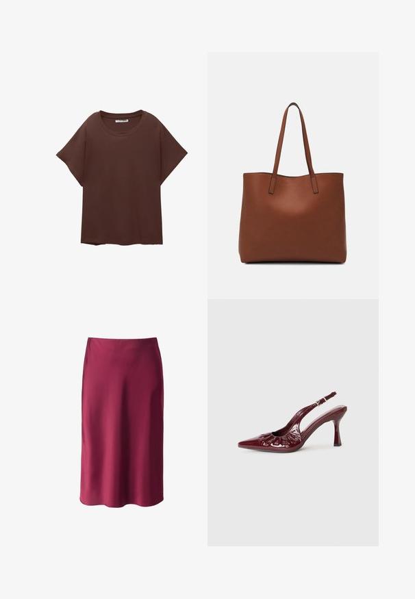 Brązowa, oversize'owa koszulka z bawełny, z okrągłym dekoltem, krótkimi rękawami i luźnym krojem. Gładka tekstura bez widocznych wzorów.; Bordowa satynowa spódnica o gładkiej fakturze, prostym kroju, midi długości i subtelnym połysku. Brak widocznych wzorów lub detali metalowych.; Burgundowe, lakierowane czółenka na obcasie z odkrytą piętą, z ostrym noskiem i falbaniastymi detalami, wyposażone w smukły obcas oraz regulowany pasek na kostkę.; Brązowa skórzana torba tote o gładkiej fakturze, z otwartym wierzchem i dwoma ramiączkami. Charakteryzuje się minimalnym przeszyciem i brakiem widocznych elementów metalowych.