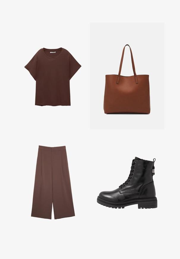 Rjava oversize majica iz bombaža, z okroglim ovratnikom, kratkimi rokavi in sproščenim krojem. Gladka tekstura brez vidnih vzorcev.; Rjave široke hlače z gladko teksturo, ki imajo visok pas in sprednje naborke. Tkanina je lahka in prosto pada.; Črne usnjene gležnjarje z okroglo konico, vezalnim sprednjim delom in teksturiranim gumjastim podplatom. Imajo zanko na hrbtni strani in ojačan šiv.; Rjava usnjena torba z gladko teksturo, odprto zasnovo zgoraj in dvema naramnima trakovoma. Opremljena je z minimalnim šivanjem in brez vidnih kovinskih delov.