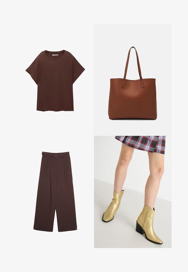 Rjava oversize majica iz bombaža, z okroglim ovratnikom, kratkimi rokavi in sproščenim krojem. Gladka tekstura brez vidnih vzorcev.; Stradivarius WIDE-LEG WITH BUCKLE DETAIL  - Hlače - dark brown; Zlatne metalne gležnjače s šiljastim nosom, zatvaranjem na zip i blok petom. Glatka tekstura s ukrasnim šavovima i klasičnim oblikom.; Rjava usnjena torba z gladko teksturo, odprto zasnovo zgoraj in dvema naramnima trakovoma. Opremljena je z minimalnim šivanjem in brez vidnih kovinskih delov.