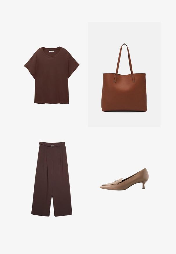 Hnědý oversized tričko vyrobené z bavlny, s kulatým výstřihem, krátkým rukávem a uvolněným střihem. Hladký povrch bez viditelných vzorů.; Stradivarius WIDE-LEG WITH BUCKLE DETAIL - Kalhoty - dark brown; Béžová kožená lodička s špičatou špičkou a malým podpatkem, která má ozdobný pásek a přezku přes nárt. Hladká textura, elegantní design.; Hnědá kožená taška přes rameno s hladkou texturou, otevřeným designem a dvěma ramenními popruhy. Obsahuje minimální švy a žádné viditelné kovové prvky.