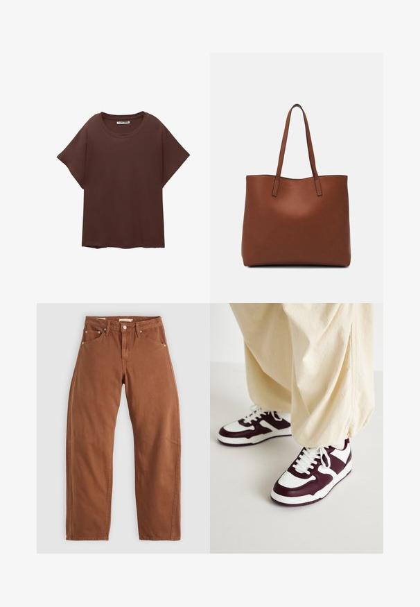 Barna, bő szabású pamut póló, kerek nyakkal, rövid ujjakkal és laza fit-tel. Simogatós, mintázat nélküli textúra.; Rozsdabarna egyenes szárú farmernadrág, elülső és hátsó zsebekkel, fém szegecsekkel, gombos záródással és övhurkokkal, síkban, fehér háttérre helyezve.; ONLY SHOES ONLSWIFT - Sportcipő - white/dark red; Barna bőr vászontáska sima textúrával, nyitott tetejű dizájnnal és két vállpánttal. Minimális varrással és látható hardver nélkül készült.