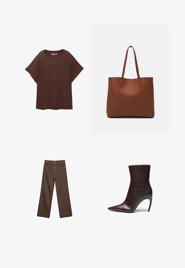 Brązowa, oversize'owa koszulka z bawełny, z okrągłym dekoltem, krótkimi rękawami i luźnym krojem. Gładka tekstura bez widocznych wzorów.; Szerokie brązowe dżinsy wykonane z denimu, z wysokim stanem, przednimi kieszeniami i klasycznym zapięciem na guzik. Gładka faktura z subtelnym przeszyciem.; Brązowy skórzany botek za kostkę z ostrym noskiem, smukłym sylwetką i wysokim obcasem w kształcie szpilki. Cechuje się gładką teksturą i minimalistycznym wzornictwem.; Brązowa skórzana torba tote o gładkiej fakturze, z otwartym wierzchem i dwoma ramiączkami. Charakteryzuje się minimalnym przeszyciem i brakiem widocznych elementów metalowych.