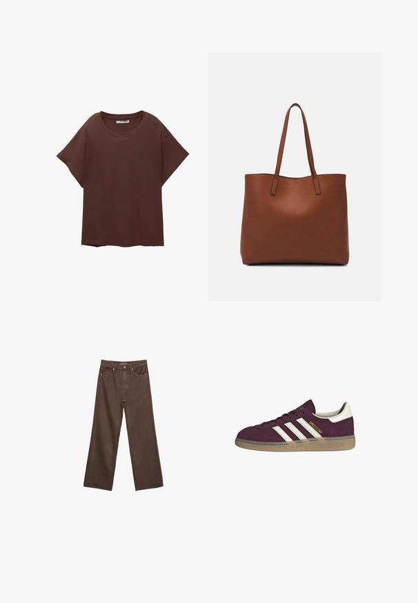 Hnědý oversized tričko vyrobené z bavlny, s kulatým výstřihem, krátkým rukávem a uvolněným střihem. Hladký povrch bez viditelných vzorů.; Hnědé džíny s širokými nohavicemi vyrobené z denimu, s vysokým pasem, předními kapsami a klasickým zapínáním na knoflík. Hladká textura s jemným švem.; Bordové semišové tenisky s bílými třemi pruhy a béžovými akcenty. Mají texturovanou gumovou podrážku a zlaté logo na boku.; Hnědá kožená taška přes rameno s hladkou texturou, otevřeným designem a dvěma ramenními popruhy. Obsahuje minimální švy a žádné viditelné kovové prvky.