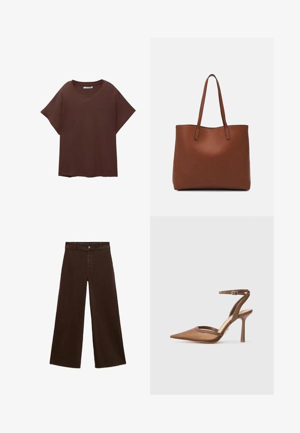 Tricou oversized maro din bumbac, cu guler rotund, mâneci scurte și croială lejeră. Textură netedă, fără modele vizibile.; Pantaloni largi maro dintr-un amestec de bumbac, cu un tiv desfăcut, închidere cu buton frontal și un design clasic cu cinci buzunare. Minimalist și versatil.; Steve Madden ALLIANCE - Tocuri înalte - brown; Geantă de umăr din piele maro cu o textură netedă, design cu vârf deschis și două curele pentru umăr. Prezintă cusături minime și fără componente metalice vizibile.