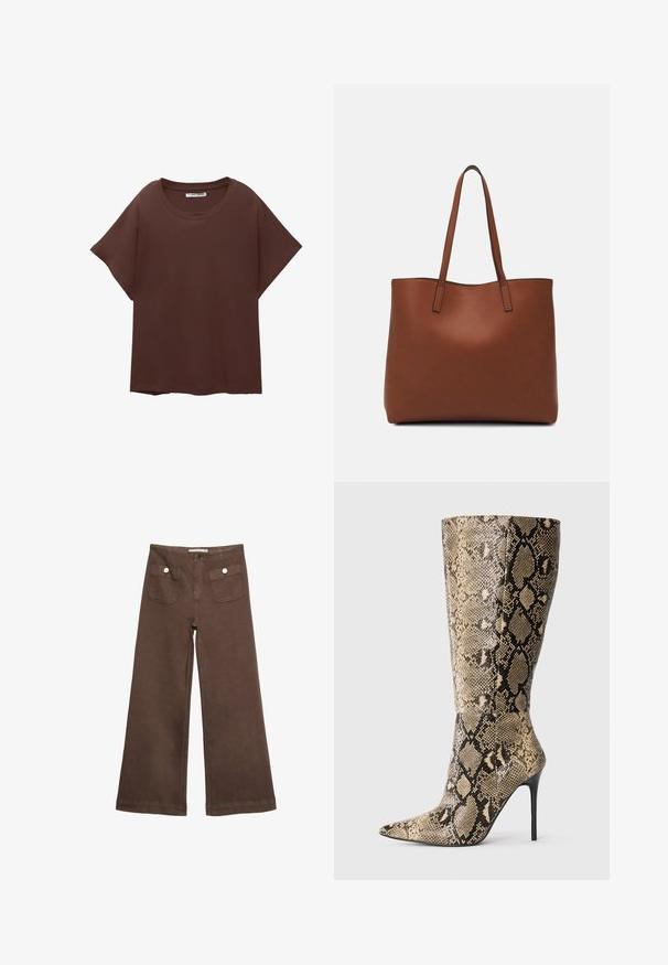 Braunes Oversize-T-Shirt aus Baumwolle, mit Rundhalsausschnitt, kurzen Ärmeln und einer lockeren Passform. Glatte Textur ohne sichtbare Muster.; Braune weit geschnittene Hosen aus Baumwolle, mit zwei Fronttaschen mit silbernen Knöpfen und einer glatten Textur.; Knöchelhohe Stiletto-Stiefel mit spitzer Zehe und beigem-schwarzem Schlangenledermuster, seitlich auf einfarbigem Hintergrund gezeigt.; Braune Leder-Tote mit glatter Textur, offenem Oberteil und zwei Schulterriemen. Verfügt über minimale Nähte und keine sichtbaren Beschläge.