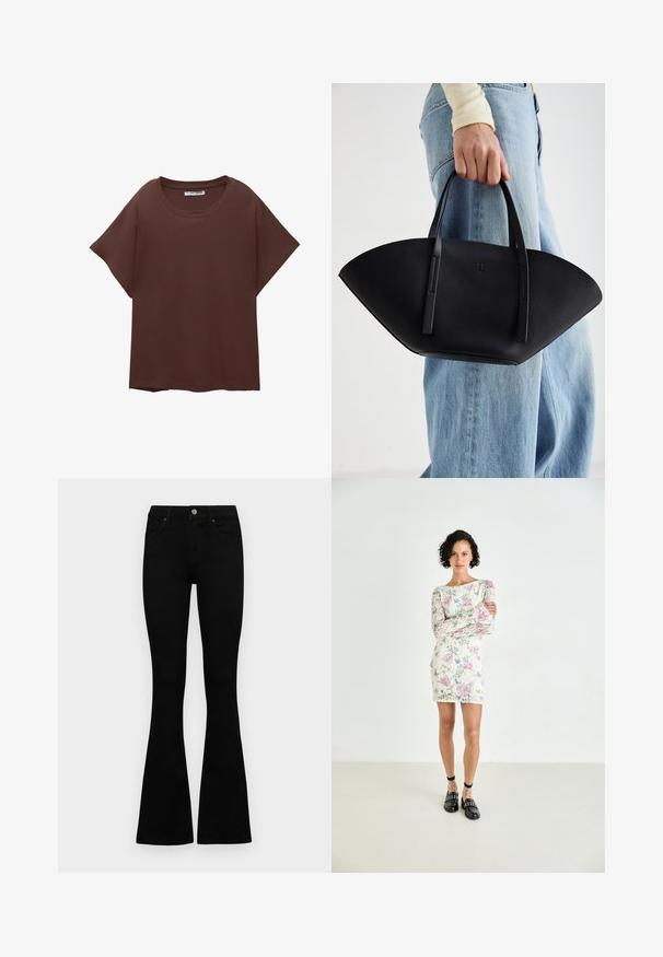 Brun oversized t-shirt lavet af bomuld, med rund hals, korte ærmer og en afslappet pasform. Glat tekstur uden synlige mønstre.; Sorte højtaljede jeans med knap- og lynlåslukning, forlommer og flagrende ben, lagt fladt på en hvid baggrund.; Blomsterpatter mini kjole med lange ærmer, der har pink og blå mønstre på en cremefarvet baggrund. Sorte loafers med nitter og ankelremme.; Sort læderhåndtaske med en unik vifteform, der har flade håndtag. Overfladen har en pebblelignende tekstur og et minimalistisk design.