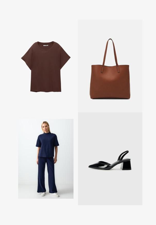 Brązowa, oversize'owa koszulka z bawełny, z okrągłym dekoltem, krótkimi rękawami i luźnym krojem. Gładka tekstura bez widocznych wzorów.; Granatowa, teksturowana bluzka z krótkim rękawem oraz szerokie spodnie. Posiada zdobienia w postaci guzików na ramieniu. W komplecie z białymi trampkami na platformie.; Czarne lakierowane półbuty na obcasie z wydłużonym noskiem i geometrycznym słupkiem. Charakteryzują się eleganckim, minimalistycznym designem oraz gładką fakturą.; Brązowa skórzana torba tote o gładkiej fakturze, z otwartym wierzchem i dwoma ramiączkami. Charakteryzuje się minimalnym przeszyciem i brakiem widocznych elementów metalowych.