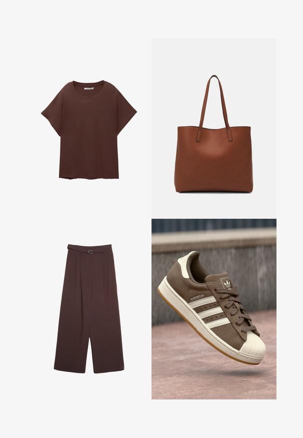 Braunes Oversize-T-Shirt aus Baumwolle, mit Rundhalsausschnitt, kurzen Ärmeln und einer lockeren Passform. Glatte Textur ohne sichtbare Muster.; Stradivarius WIDE-LEG WITH BUCKLE DETAIL - Stoffhose - dark brown; Braune Wildleder-Sneaker mit weißen Streifen, crèmefarbenen Akzenten und einer Gummischale an der Zehe. Verfügt über ein Schnürdesign und eine strukturierte Gummisohle.; Braune Leder-Tote mit glatter Textur, offenem Oberteil und zwei Schulterriemen. Verfügt über minimale Nähte und keine sichtbaren Beschläge.
