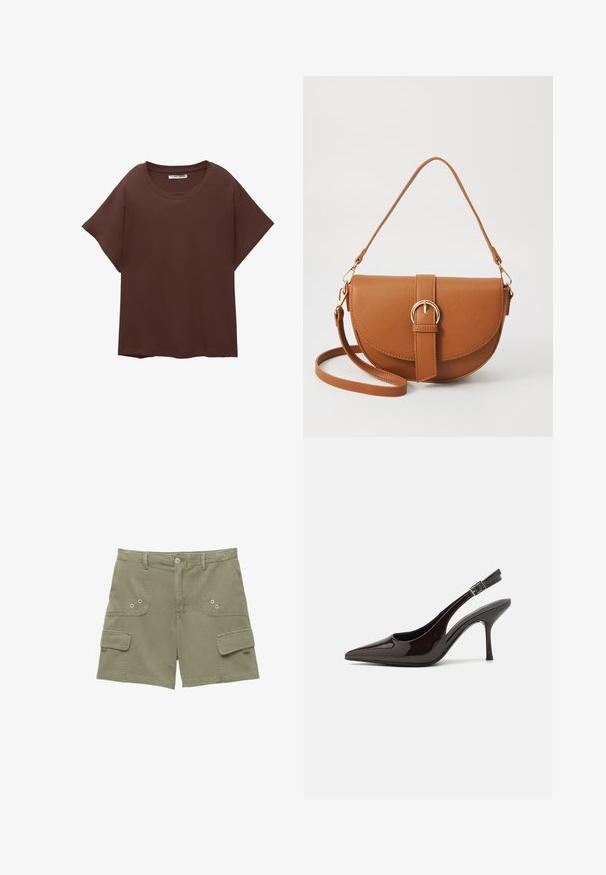 Maglietta oversized marrone in cotone, con colletto rotondo, maniche corte e vestibilità comoda. Texture liscia senza motivi visibili.; Pantaloni cargo in cotone verde oliva con due tasche frontali, una tasca laterale e chiusura a bottone metallico. Texture liscia e vestibilità su misura.; Scarpa con tacco alto tipo slingback in pelle verniciata marrone scuro lucido, punta affusolata, lati aperti e cinturino alla caviglia regolabile.; Borsa a tracolla in pelle marrone con forma curvata, hardware dorato e un dettaglio con fibbia. Presenta una tracolla rimovibile.