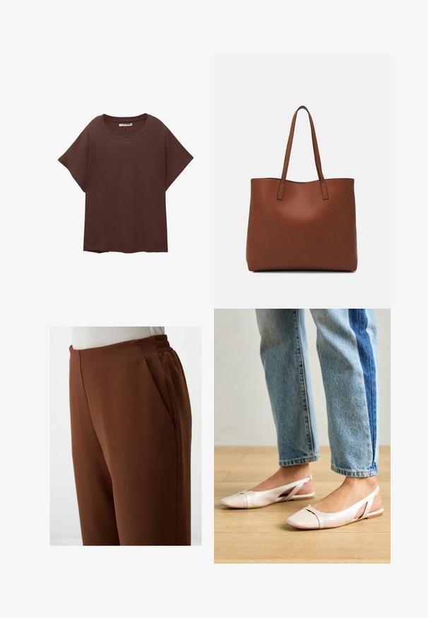 T-shirt oversize marron en coton, avec un col rond, des manches courtes et une coupe décontractée. Texture lisse sans motifs visibles.; Pantalons taille haute marron avec une texture lisse, comportant des poches latérales et une taille élastique pour plus de confort.; Ballerines slingback rose pâle avec un bout pointu, fabriquées en un matériau semblable au cuir lisse. Présentent des découpes sur les côtés et un talon plat.; Sac fourre-tout en cuir marron avec une texture lisse, design à ouverture supérieure et deux poignées pour le porter à l'épaule. Présente des coutures minimales et aucun matériel visible.