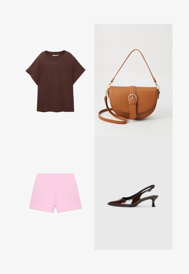 Hnědý oversized tričko vyrobené z bavlny, s kulatým výstřihem, krátkým rukávem a uvolněným střihem. Hladký povrch bez viditelných vzorů.; Růžové tailored šortky s hladkým povrchem, vyznačující se strukturovaným designem a čistými liniemi. Střih je rovný a sahá nad kolena.; Hnědé lakované kožené slingback boty s špičatou špičkou a mírným podpatkem. Disponují přezkou pro bezpečné upevnění. Hladký povrch.; Hnědá kožená křížová taška s zakřiveným tvarem, zlatými detaily a akcentem s přezkou. Obsahuje odnímatelný popruh na rameno.