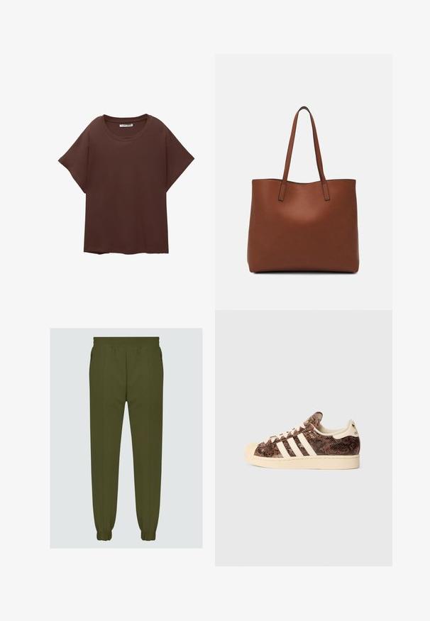 Bruine oversized t-shirt van katoen, met een ronde hals, korte mouwen en een ontspannen pasvorm. Gladde textuur zonder zichtbare patronen.; Olijfgroene joggingsbroek gemaakt van zacht materiaal, met een elastische tailleband, taps toelopende boorden en zijzakken voor functionaliteit.; Bruine sneakers met slangenprint, voorzien van witte strepen en crèmekleurige accenten. Heeft een ronde neus, een gestructureerde bovenkant en een zachte binnenvoering.; Bruine leren tote bag met een gladde textuur, een ontwerp met een open bovenkant en twee schouderbanden. Kenmerkt zich door minimale stiksels en geen zichtbare hardware.