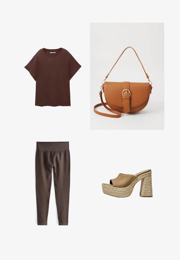 Brown oversized t-shirt made of cotton, featuring a round neck, short sleeves, and a relaxed fit. Smooth texture with no visible patterns.; Brown ribbed leggings with a wide, elastic waistband. The fabric is smooth and stretchy, providing a snug fit along the legs.; Brown suede platform mules with an open toe, featuring a chunky braided jute heel and a smooth, rounded upper design.; Brown leather crossbody bag with a curved shape, gold hardware, and a buckle accent. Features a detachable shoulder strap.