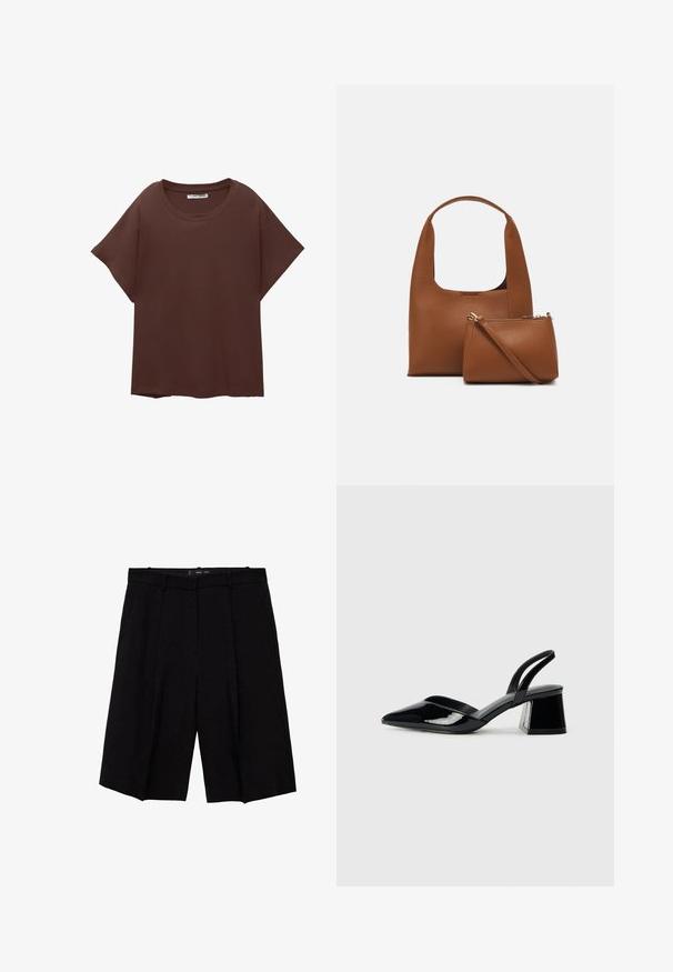 Brązowa, oversize'owa koszulka z bawełny, z okrągłym dekoltem, krótkimi rękawami i luźnym krojem. Gładka tekstura bez widocznych wzorów.; Czarne, dopasowane szorty z szerokimi nogawkami, z plisami z przodu. Wykonane z gładkiego materiału, zaprojektowane dla uzyskania strukturalnego kroju.; Czarne lakierowane półbuty na obcasie z wydłużonym noskiem i geometrycznym słupkiem. Charakteryzują się eleganckim, minimalistycznym designem oraz gładką fakturą.; Brązowa syntetyczna torebka z zakrzywionym uchwytem i gładką fakturą. Zawiera pasującą małą saszetkę z zamkiem błyskawicznym. Minimalistyczny design.