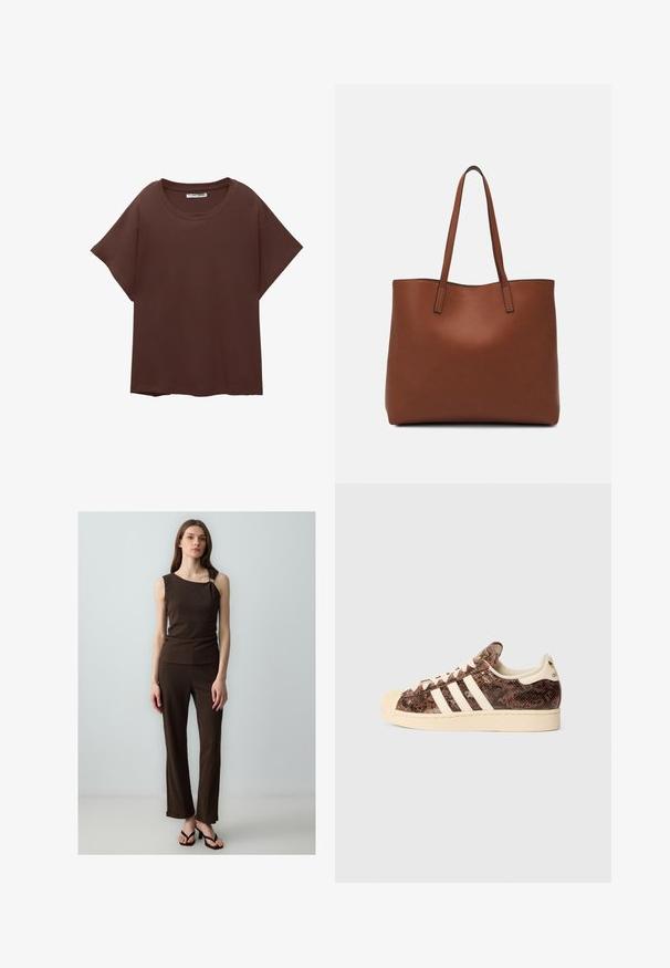 Bruine oversized t-shirt van katoen, met een ronde hals, korte mouwen en een ontspannen pasvorm. Gladde textuur zonder zichtbare patronen.; Bruin, textuurgegeven tweedelig outfit met een mouwloze top met een asymmetrische halslijn en bijpassende strakke broek, aangevuld met flip-flops.; Bruine sneakers met slangenprint, voorzien van witte strepen en crèmekleurige accenten. Heeft een ronde neus, een gestructureerde bovenkant en een zachte binnenvoering.; Bruine leren tote bag met een gladde textuur, een ontwerp met een open bovenkant en twee schouderbanden. Kenmerkt zich door minimale stiksels en geen zichtbare hardware.