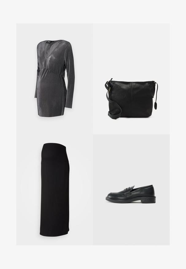 Čierne a strieborné pruhované tehotenské šaty s výstrihom do V, dlhými rukávmi a pásom pod prsiami, navrhnuté na pohodlie a štýl počas tehotenstva.; Čierna rebrovaná maxi sukňa s vysokým pásom, s rovnou siluetou a bočným rozparkom. Vyrobená z jemného, pružného materiálu.; Čierne kožené mokasíny s okrúhlym špičkou, prešívanými detailmi a malým opätkom. Hladký povrch a flexibilná gumová podrážka.; Čierna kožená crossbody taška s plochým tvarom, zlatými kovovými akcentmi a nastaviteľným popruhom. Hladký povrch s minimálnymi švíkmi.