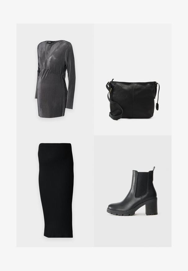 Vestido de maternidade listrado em preto e prata, com decote em V, mangas longas e cintura império, projetado para conforto e estilo durante a gravidez.; Saia midi preta em malha com nervuras, com uma silhueta ajustada e uma cintura larga. Textura suave, sem padrões ou detalhes visíveis.; Bota de tornozelo em couro preto com painéis laterais elásticos, sola de borracha robusta e um salto bloco alto. Apresenta uma alça na parte de trás.; Mala de ombro em couro preto com forma plana, detalhes em metal dourado e alça ajustável. Textura suave com detalhes de costura mínimos.