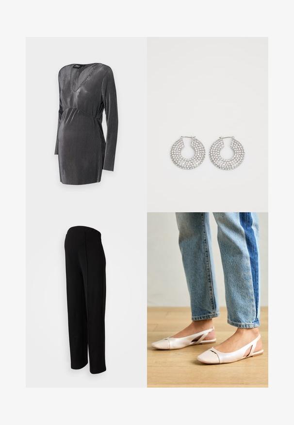 Fekete és ezüst csíkos kismama ruha V nyakkivágással, hosszú ujjal és emelkedett derékvonallal, a kényelem és a stílus érdekében a terhesség alatt.; Fekete, magas derekú, egyenes szabású nadrág sima textúrával és láthatatlan záródásokkal, oldalsó varrás részletezéssel kiemelve.; Világos rózsaszín slingback laposlábú cipők, hegyes orral, sima bőrhatású anyagból készült. Oldalt kivágott részletek találhatók rajta, valamint lapos sarkú.; Ezüst karika fülbevalók, amelyeket több átlátszó kristály díszít, texturált felülettel és nyitott, kör alakú kialakítással.