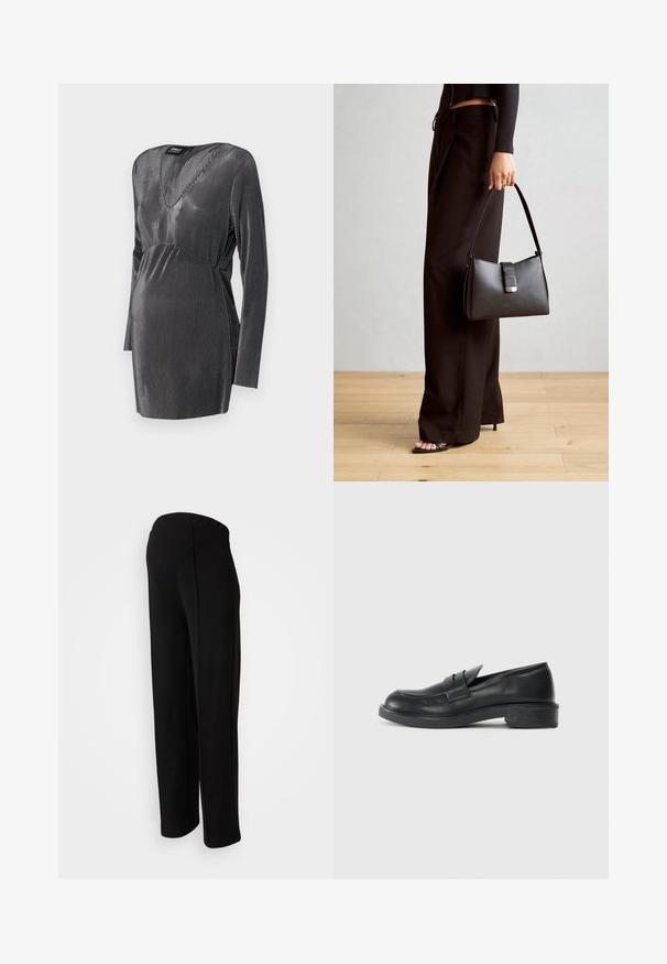 Mustavalkoraitaline raseduskleit V-kaelusega, pikkade varrukatega ja kõrgendatud taljejoonega, loodud mugavuse ja stiili jaoks raseduse ajal.; Mustad, kõrge vöökoht, sirge lõikega mustad püksid, millel on sile tekstuur ja nähtamatud kinnitused, rõhutatud külgõmbluste detailidega.; Mustad nahast loafers ümarate varvastega, tikkimiste detailidega ja väikese kandiga. Sile pind ja paindlik kummist tald.; Must musta kott, millel on struktureeritud kuju, sile tekstuur ja metallist klamber. Kombineeritud laiate mustade pükstega ja avatud varvaste sandaalidega puidust põrandal.